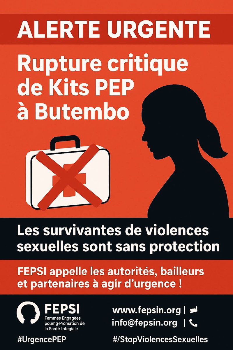CFJ_rdcongo's tweet photo. 🚨 ALERTE URGENTE 🚨

Rupture critique de kits PEP à #Butembo, au #Nord-Kivu, #Est de la #RDC.
Les survivantes de #VSBG et les #PVV sont ababndonées.

Le CFJ se joint à l’appel de la @FEPSI_RDC exhortant les autorités et ses partenaires à agir d’urgence pour sauver des vies! https://t.co/kyex9z4NPF