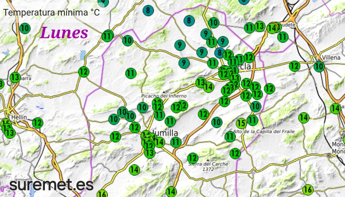 🔵📉 Durante la pasada madrugada han continuado descendiendo las TEMPERATURAS MÍNIMAS, con valores de 6°C en los polos fríos del SE de #Yecla...🧣, siendo la más fría en lo que llevamos de otoño, de los valores más bajos en la #RMurcia.

T. mínimas más bajas de esta semana: