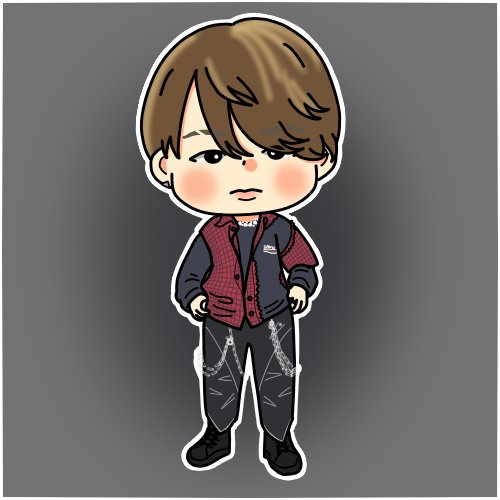 A chibi-style illustration of a character with brown hair, wearing a red and black checkered vest over a dark shirt, black pants with chains, and black shoes. The character has a neutral expression and stands against a gray background.
