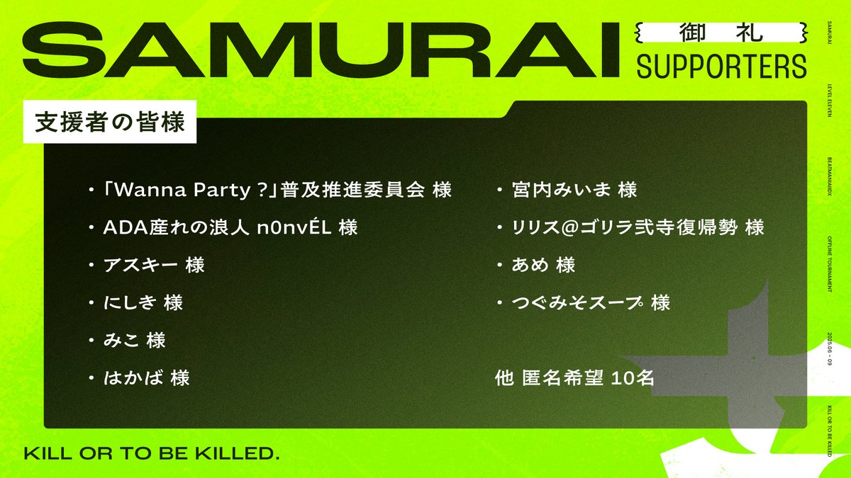 本大会にBOOTHにてご支援いただいた皆様を改めてご紹介いたします。
この度はご支援いただき誠にありがとうございました。
#samurai_iidx