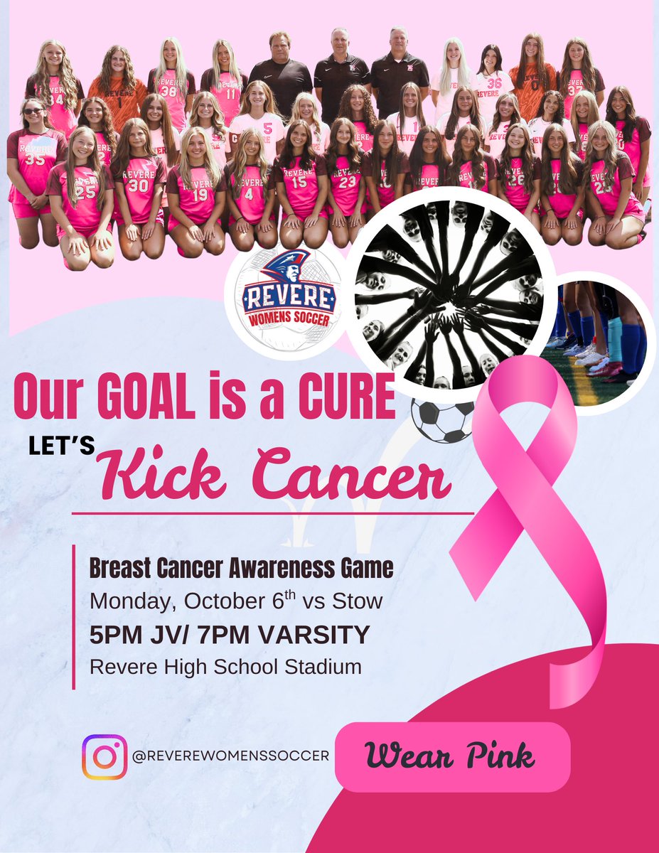 womensRHSsoccer's tweet photo. 🩷 LET’S KICK CANCER🩷

On October 6th- The Lady Minutemen will be playing in support of Breast Cancer Awareness. We truly admire the courage, determination and strength of the those who have been impacted by this disease. Please come out and show your support!!
@RevereLocal https://t.co/rKKZNpWova