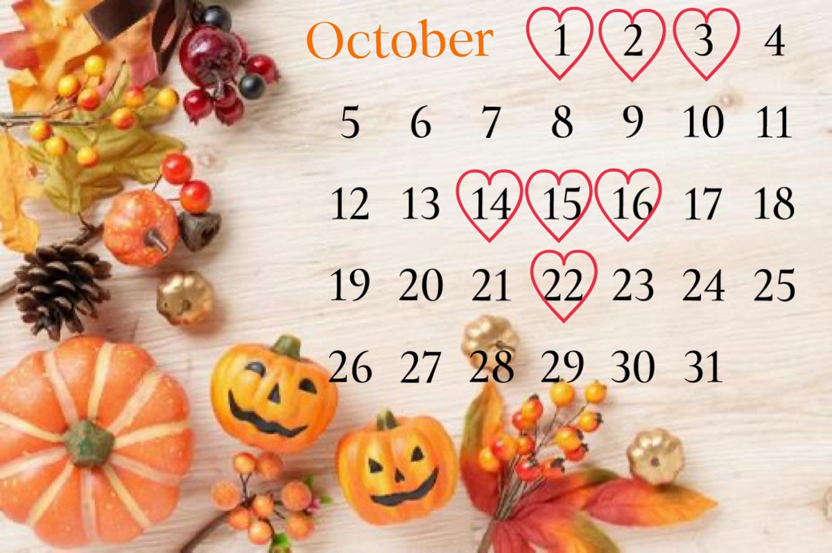 10月の出勤予定です🍁

後半は少し忙しくなりそうで
確定してるとこまで入れてます☺️

食欲の秋🍂スポーツの秋🍂
うーん💕楽しみ🫶