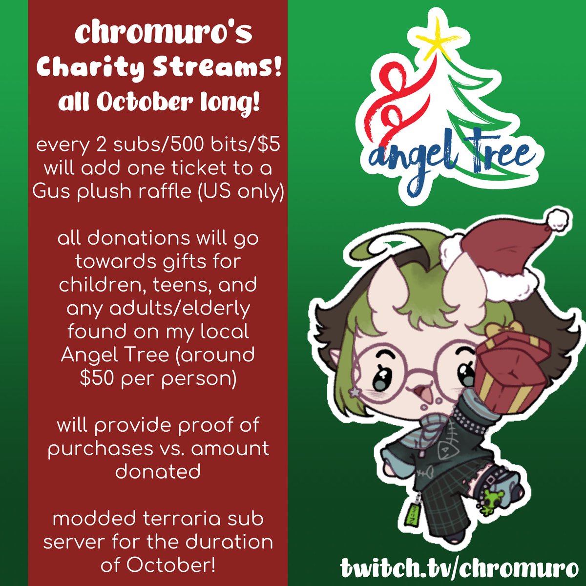 In October, every single sub/bit/donation will go towards gifts for Angel Tree this December!! More info can be found in my Discord! 🫶