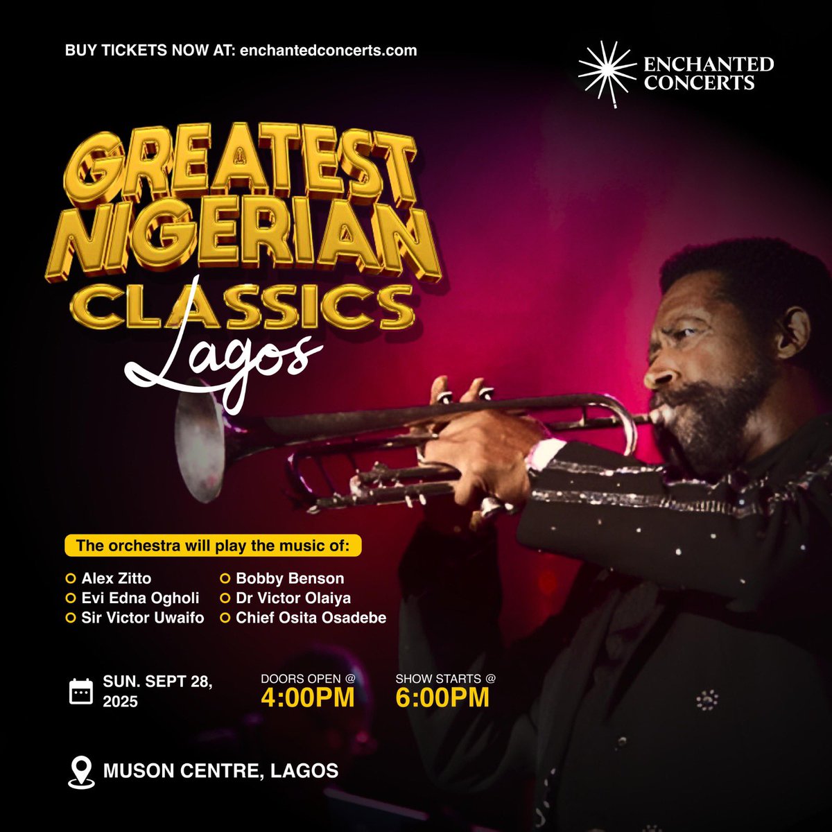 The grand finale of the Greatest Nigerian Classic orchestra concert has come to Lagos! Don’t miss the Lagos show on Sunday, Sep 28, 2025. These are your favorite oldies performed by an orchestra ✨ to celebrate Nigeria at 65. Get your regular and VIP tickets at: