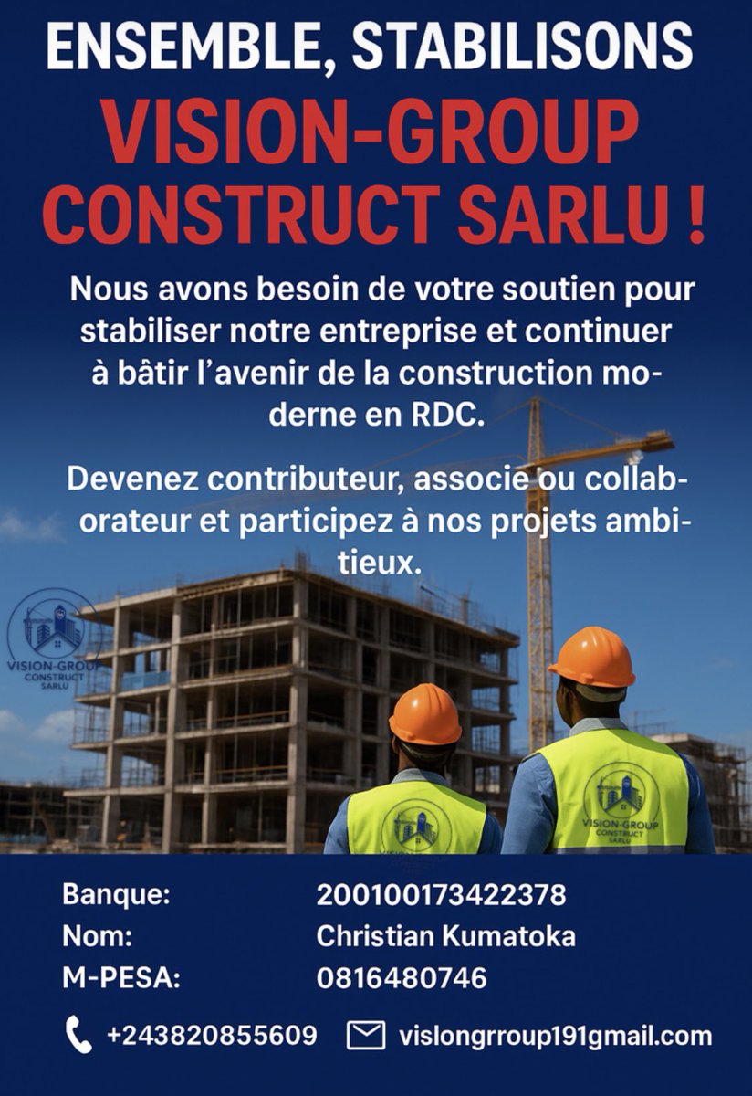 Ensemble, faisons de VISION-GROUP CONSTRUCT SARLU une entreprise solide, moderne et prospère, capable de transformer chaque idée en projet concret et rentable.
#InvestirDansLeFutur #ConstructionModerne #VisionGroupConstruct #AfriqueEnConstruction