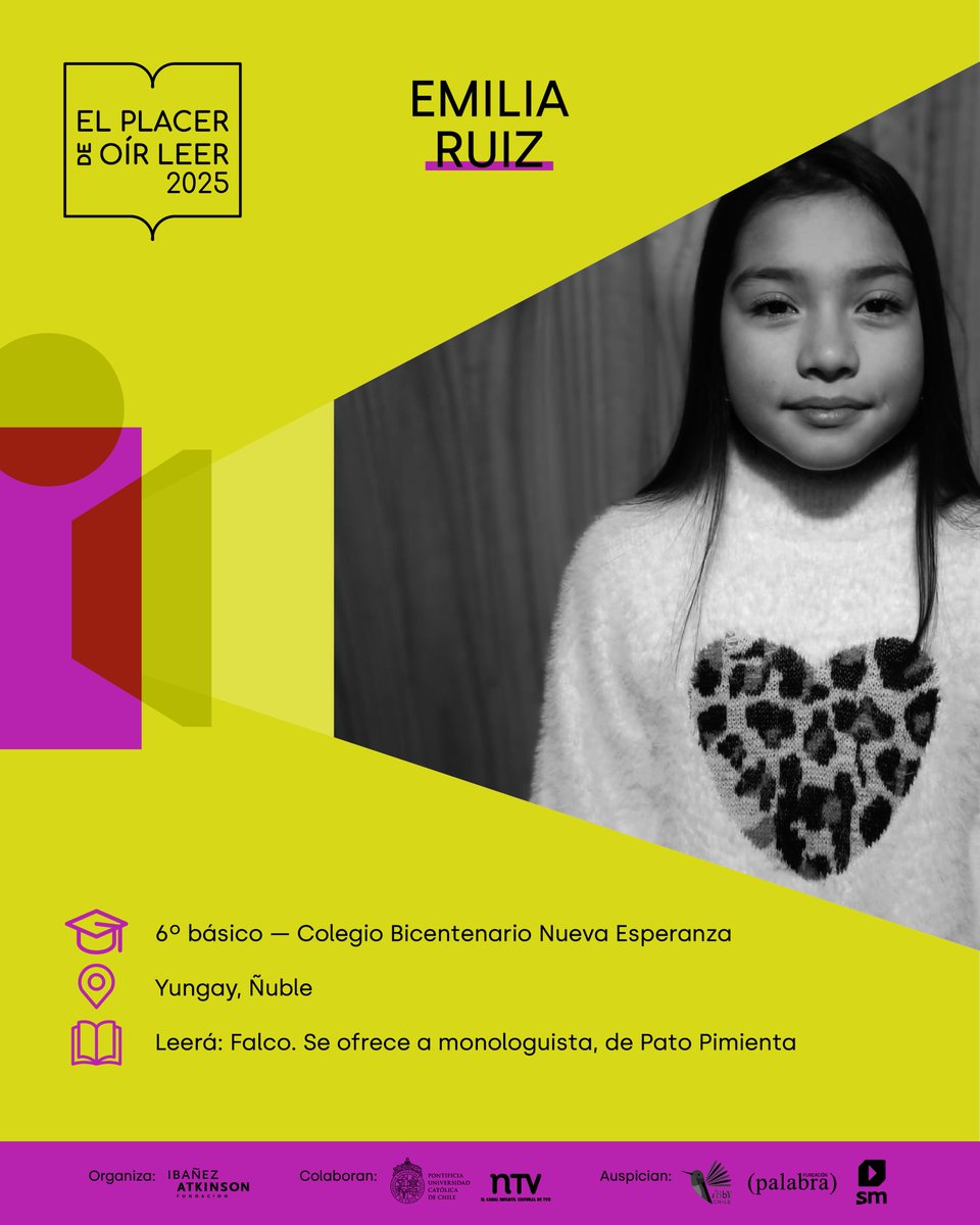 ¡El entusiasmo crece rumbo a la Gran Final Nacional de #ElPlacerdeOírLeer del 16 de octubre! 📚 Es hora de conocer a Emilia Ruiz, quien representará a la región de Ñuble. ¡Mucho ánimo y éxito en esta linda experiencia! 👏👏👏