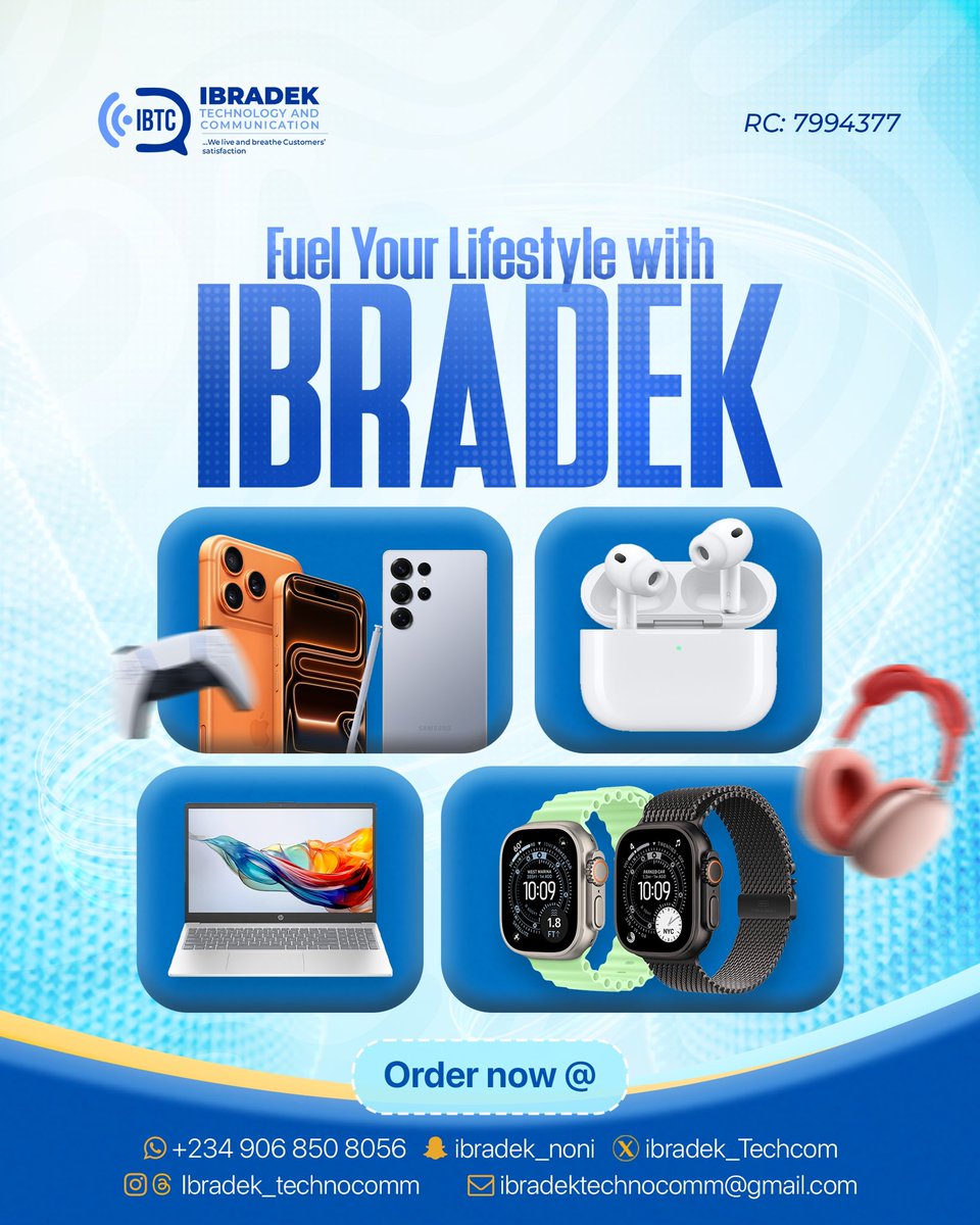 Ibradek_Techcom's tweet photo. …We don’t just sell tech—we power your lifestyle! ⚡️📱💻🎧
Looking for premium gadgets at unbeatable prices? Look no further!  
At IBRADEK TECHNOLOGY AND COMMUNICATION, we bring you the latest and most reliable tech—from high-performance smartphones and laptops to powerbanks, https://t.co/D6bRJCIK9b