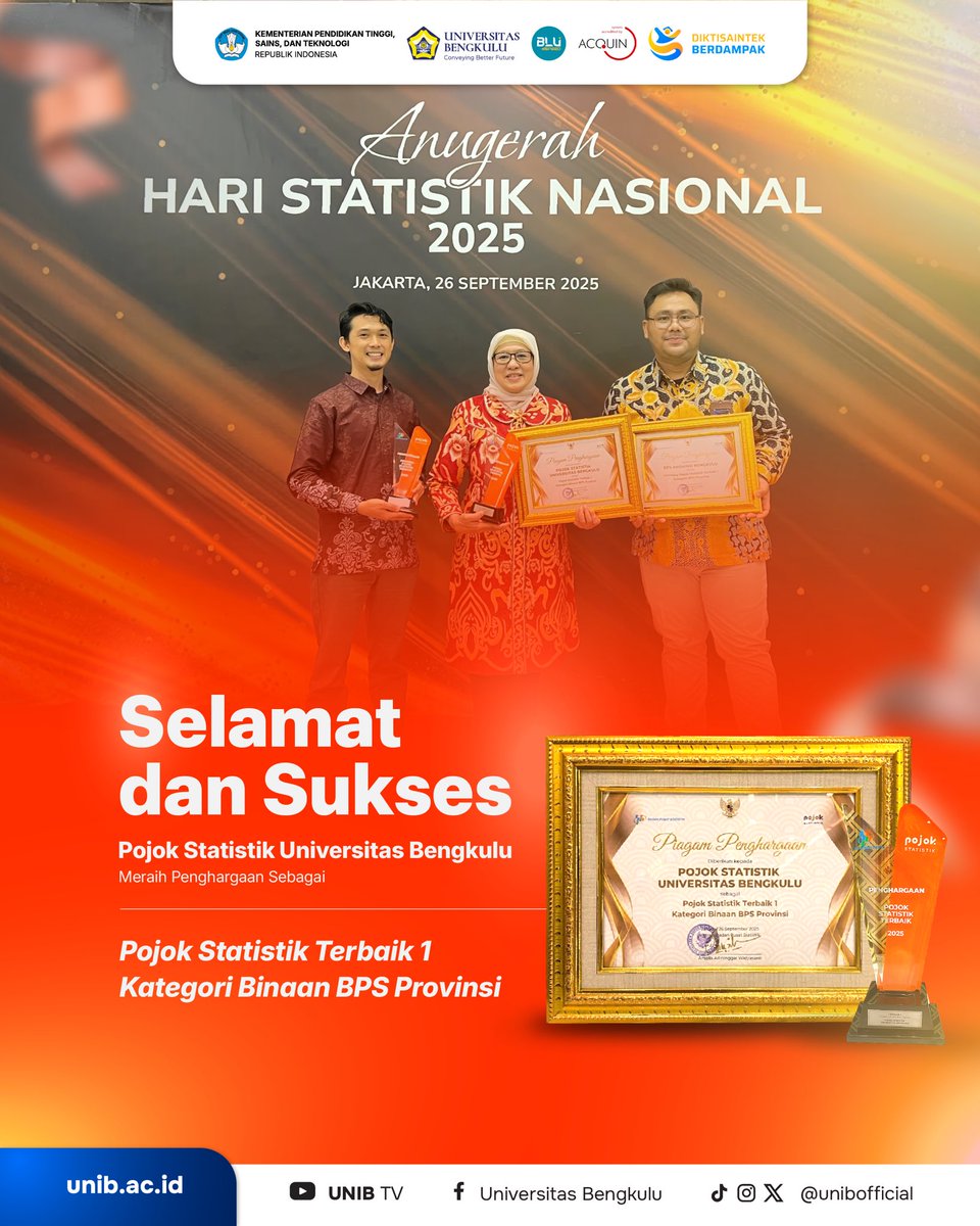 unibofficial's tweet image. Selamat kepada @pojokstatistikunib meraih penghargaan sebagai Pojok Statistik Terbaik 1 kategori Binaan BPS Provinsi pada ajang Anugerah Hari Statistik Nasional 2025
Jakarta, 26 September 2025

#pojokstatistikunib #haristatistiknasional 
#unib #unibofficial #universitasbengkulu