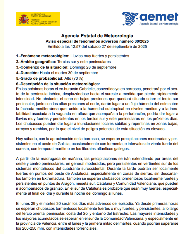 ⚠️Aviso especial por lluvias muy fuertes y persistentes entre domingo 28 y martes 30. En el SE la vertiente mediterránea será la zona más afectada del episodio 
🌧️En zonas de la Marina Alta (Alicante) se pueden superar ampliamente los 100 mm
▶️Seguimiento actualizado en #Suremet
