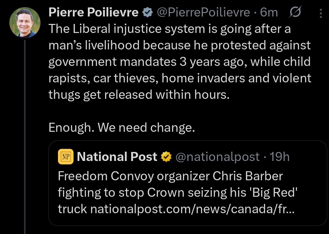 BREAKING: Pierre Poilievre BLASTS the Liberal Justice System for targeting Freedom Convoy organizers instead of going after the actual real criminals who commit violent crimes.

Thank you Pierre, for being the voice of reason.