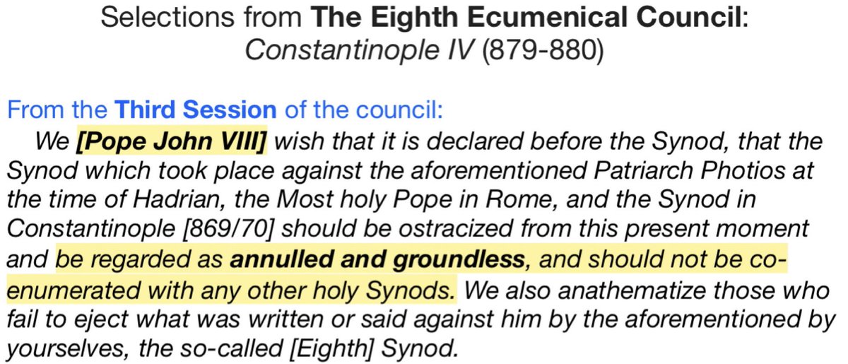 Reminder that Rome continues to anathematize itself anew from apostolic christianity every day it continues to co enumerate the 869 Constantinople it actively instructed all other patriarchs to remove from their books on pain of literal anathema.

Has Rome "failed to eject" that