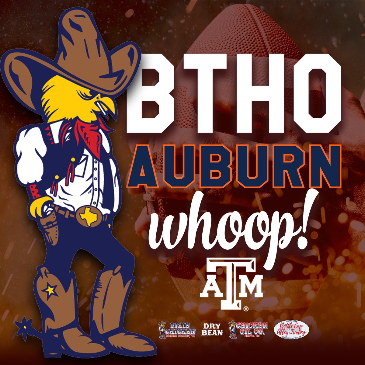 thedixiechicken's tweet photo. BTHO Auburn, WHOOP! 🏈🐔

Game Day in Aggieland starts at the Dixie Chicken – where traditions live on! From Tijuana Fries to longnecks on the back porch, this is where the 12th Man fuels up before storming Kyle Field.
👉 Rally your crew &amp; GIG ’EM all day long!
#BTHOAuburn #GigEm https://t.co/Mf45In7Ugh