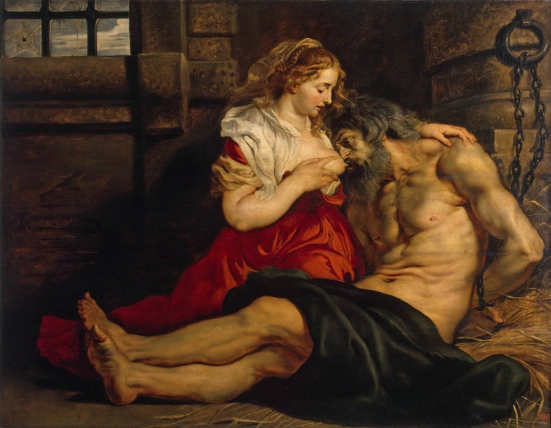 LeoDaVinciWave's tweet photo. Peter Paul Rubens' Roman Charity (1612) : Peter Paul Rubens' Roman Charity (1612) depicts a striking moment from an ancient Roman legend in which a young woman named Pero secretly breastfeeds her father, Cimon, who has been imprisoned and sentenced to death by starvation. The act, though initially shocking, is portrayed by Rubens with deep emotional intensity and tenderness, emphasizing themes of selfless love, filial devotion, and sacrifice. The painting captures the intimate and morally complex nature of the story, as Rubens blends sensual realism with powerful human emotion, characteristic of the Baroque style. Ultimately, the tale becomes a symbol of virtue and compassion, with the authorities in the legend so moved by Pero's act that they pardon her father, turning a controversial moment into one of redemption and moral triumph.