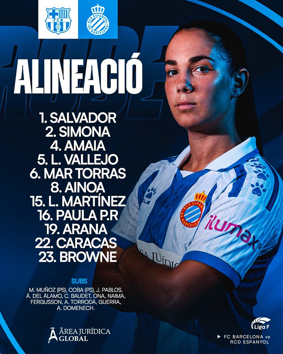 RCDEFemeni's tweet photo. 📋 𝐉𝐚 𝐭𝐞𝐧𝐢𝐦 𝐚𝐥𝐢𝐧𝐞𝐚𝐜𝐢𝐨́!
▶️ Aquest és l’11 de Sara Monforte!
📲 Dazn
#RCDEFem #BarcaEspanyol https://t.co/7Ggty8Bk8a