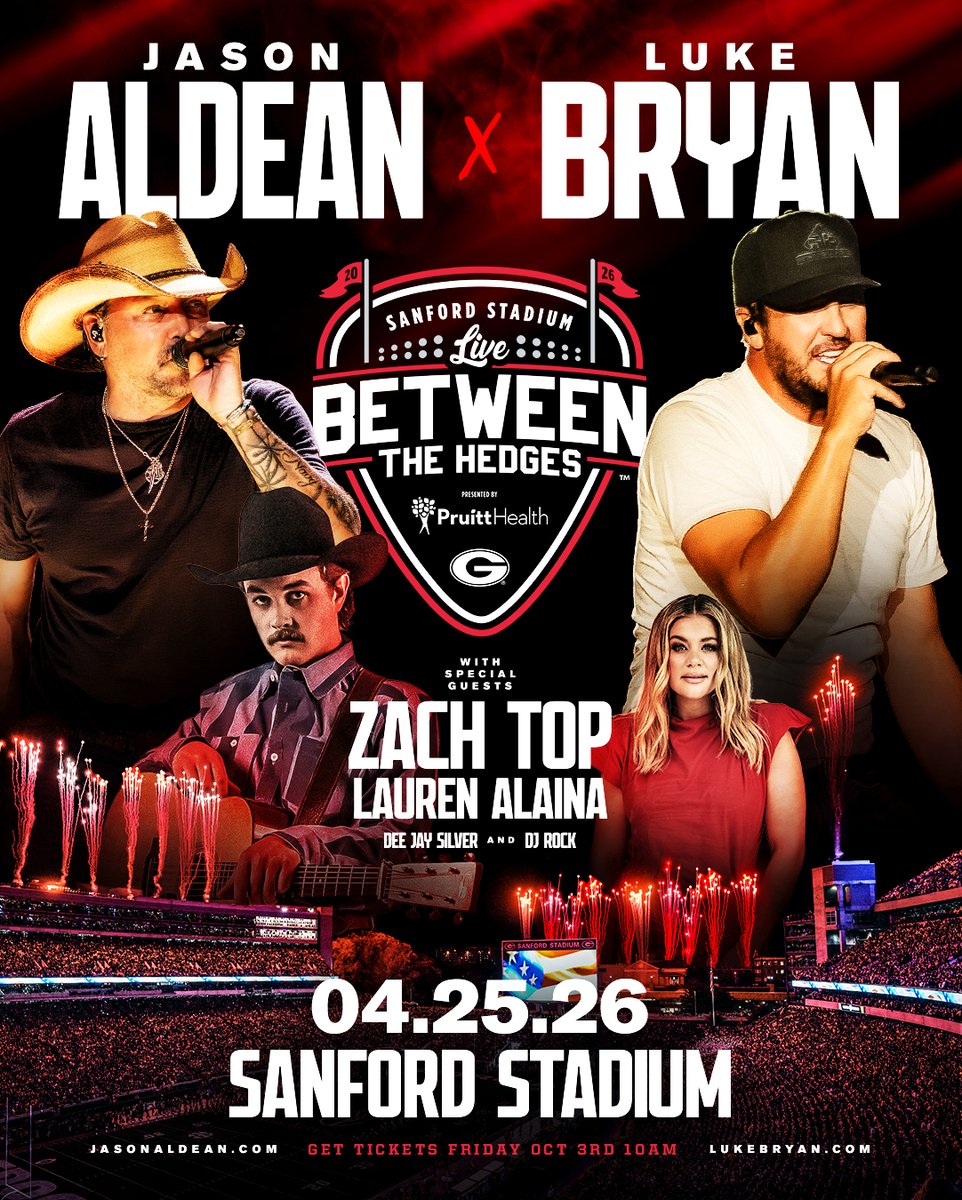 UGAAthletics's tweet image. It&apos;s Official!

Jason Aldean and Luke Bryan will be Live Between the Hedges on April 25, 2026.

For more details and ticket information:
gado.gs/livebetweenthe…

#GoDawgs