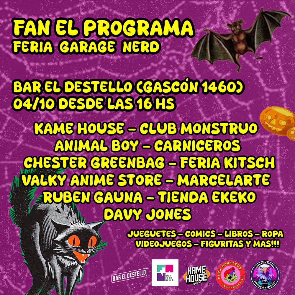 El próximo sábado tenemos una FERIA DE GARAGE NERD, como las de EEUU pero acá. Libros raros, VHS descatalogados, juguetes, videojuegos retro y mucho más. Todo a precio ATP. Nos vemos desde las 16, en Bar El Destello. Gracias por compartir 🫂