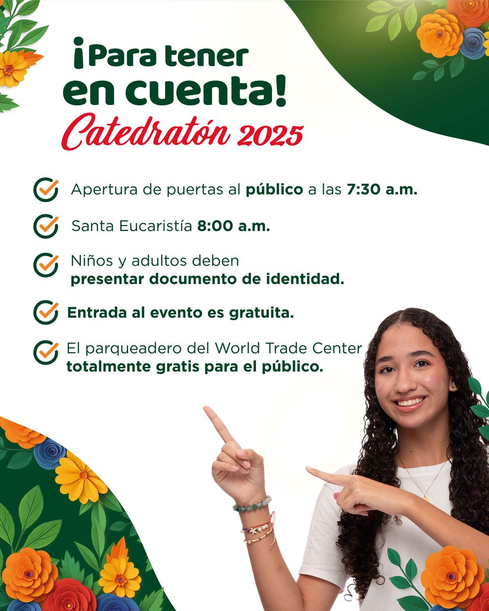 ✅ ¡Falta poco para vivir el evento central de Catedratón 2025!

Toma nota de esta información para que disfrutes al máximo este encuentro de fe y solidaridad.

¡Ven con tu familia y vivamos juntos la alegría de hacer florecer la esperanza! 💚

#Catedratón2025 #FloreceLaEsperanza