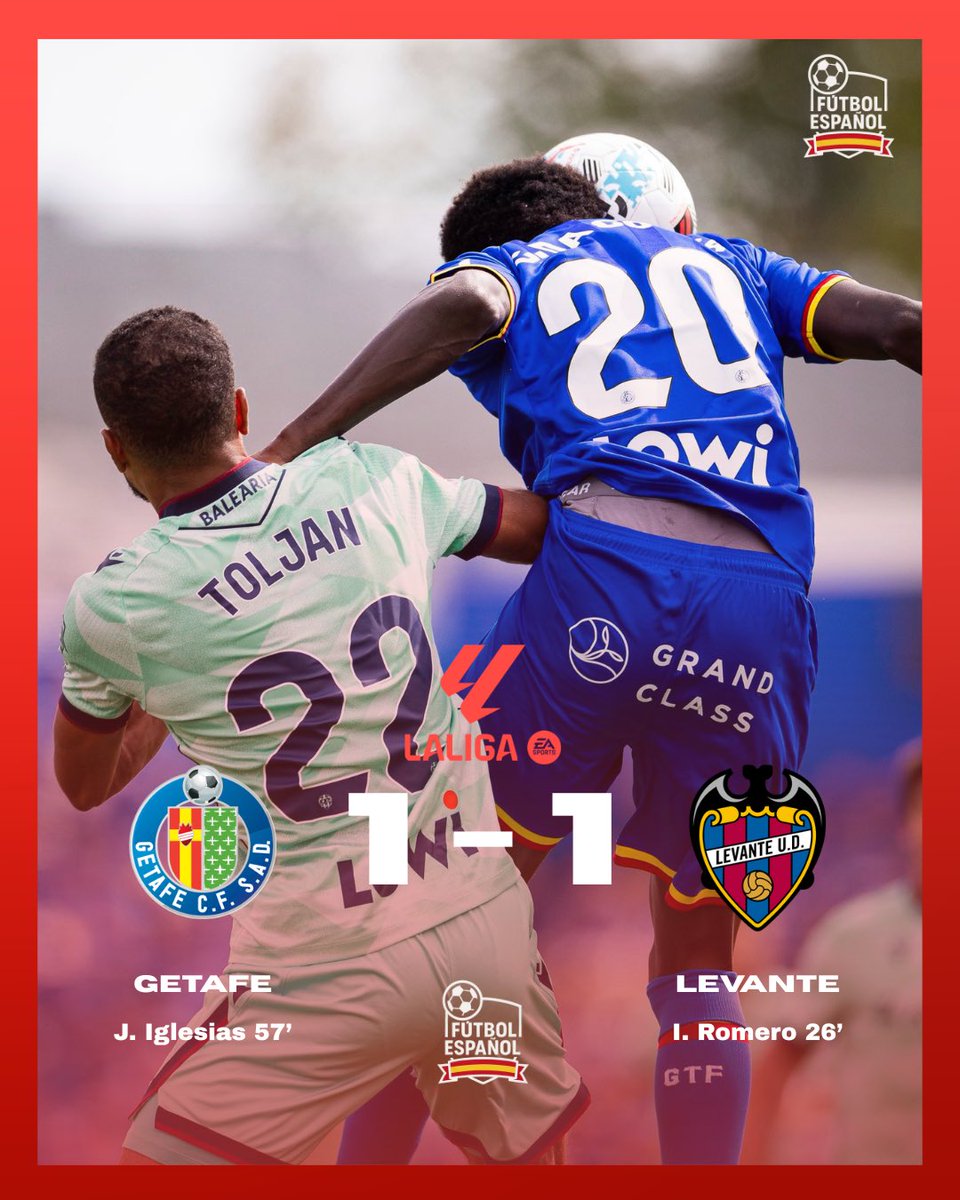 🏁 FINAL DEL PARTIDO

Getafe CF 1️⃣ - 1️⃣ Levante UD

💬 El <a href="/GetafeCF/">Getafe C.F.</a> y el <a href="/LevanteUD/">Levante UD</a> reparten puntos en Getafe.

#GetafeLevanteUD #LALIGAEASPORTS