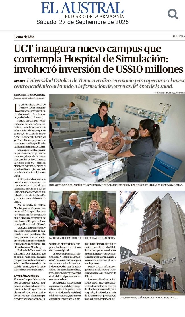 Rectora_UCT's tweet photo. Compartimos con la comunidad regional y nacional esta buena noticia de la @UC_Temuco: nuestro nuevo Campus que alberga el primer #HospitaldeSimulación del sur de Chile 
#SomosUCT #SomosEducacióndeCalidad https://t.co/5mWEHK7xCX