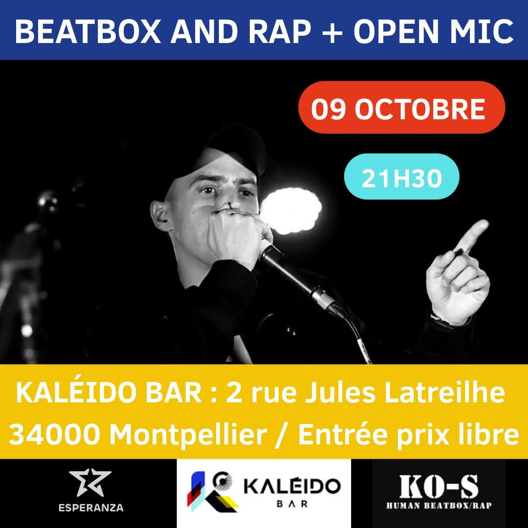 KOSHumanBeatBox's tweet image. Beatbox And Rap + Open Mic
C'est reparti pour les soirées BAR (BeatBox And Rap) dans un nouveau bar le KALEIDO BAR Montpellier.
Viens découvrir des artistes Montpelliérains et des alentours. Tu peux aussi venir pour kicker le mic sur des prods Beatbox. #bar #beatbox #rap #loop