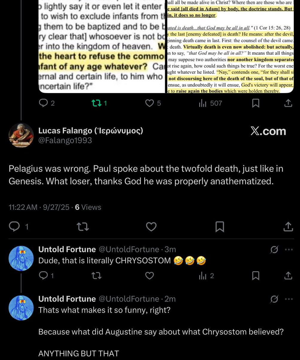 Cant even make this one up. I'm gonna start intentionally citing patristic original sin passages as "- Pelagius".

Because at least I'll get a firm anathema imputation before revealing how many eastern patristics get hereticized in the process.