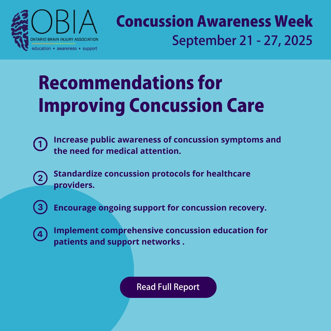 OntarioBIA's tweet image. 📢 What Needs to Change?

OBIA’s report highlights clear gaps and offers actionable recommendations to improve concussion care in Ontario and beyond. 

📘 Read the full report: obia.ca/new-obia-repor…

#ConcussionAwarenessWeek