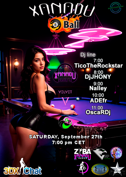 🎱 XANADU 8 BALL. Neon lights, hot table, floor on fire. Saturday, 7:00 pm CET in 3DXChat. Come in and dance until the last drop. #Xanadu #8Ball #3DXChat #Party #Dance #House
