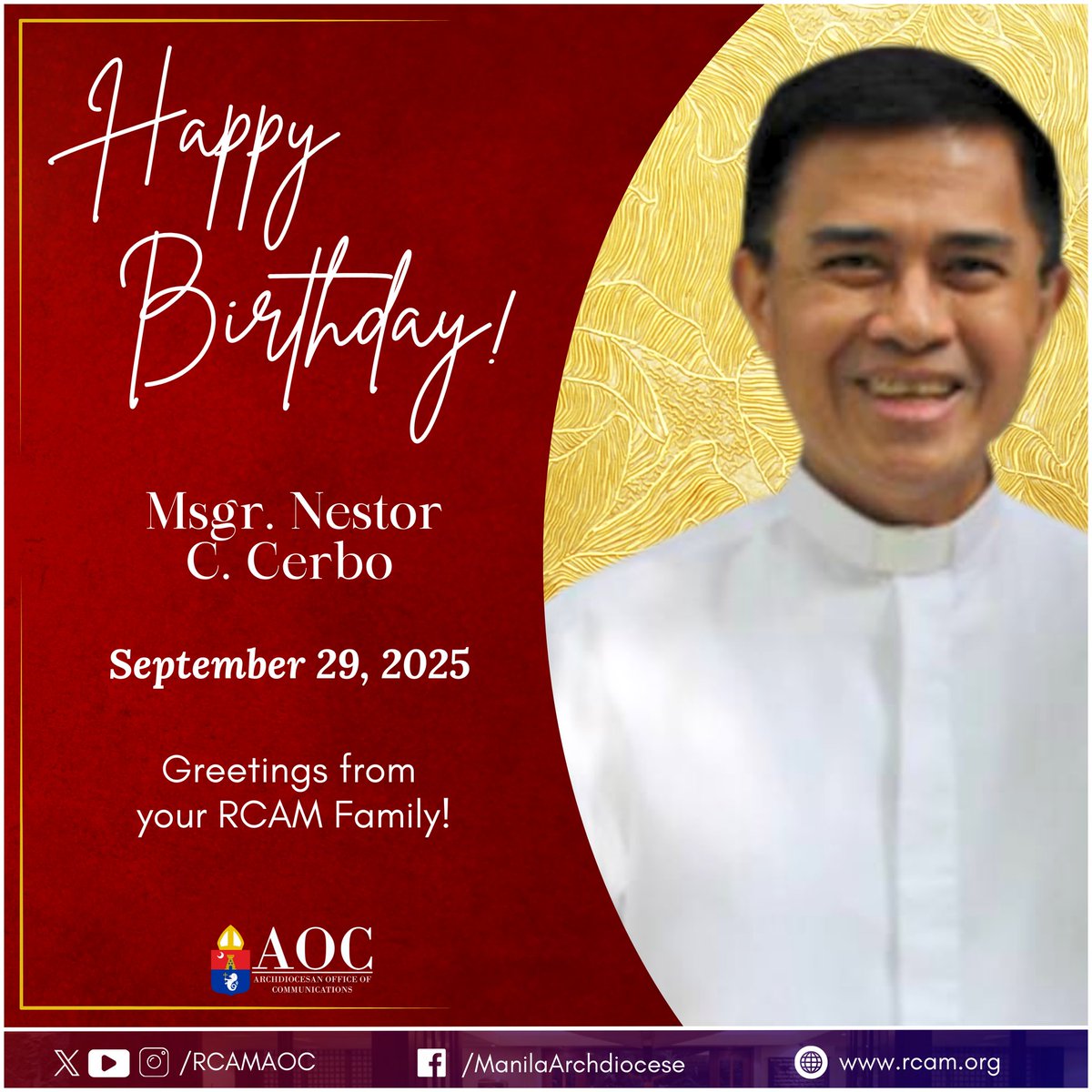 rcamaoc's tweet image. Happy Birthday, Msgr. Nestor Cerbo! We wish and pray that the Lord will continue to bless and keep you, and continue to make His face shine upon you and be gracious to you.

Greetings from your RCAM Family!

#RCAM #AOC
#ArchdioceseOfManila
#CatholicChurch
#ManilaClergy