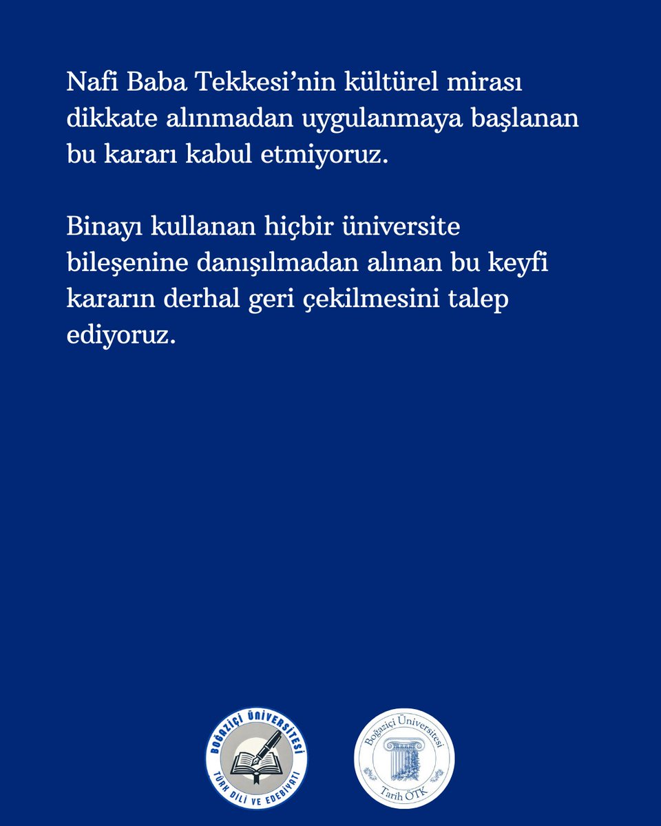 Nafi Baba Tekkesi'nin kültürel mirası dikkate alınmadan uygulanmaya başlanan bu kararı kabul etmiyoruz.

Binayı kullanan hiçbir üniversite bileşenine danışılmadan alınan bu keyfi kararın derhal geri çekilmesini talep ediyoruz