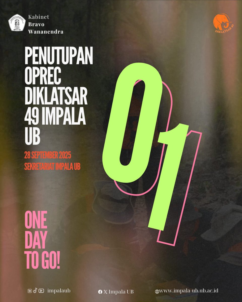 impalaub's tweet photo. [H-1PENUTUPAN PENDAFTARAN]

⏳ Tersisa Satu Hari Lagi!
Kesempatan untuk bergabung bersama IMPALA UB tinggal sebentar lagi.

Udah submit berkasmu belum?

BRAVO !!!
———————————————

Info lebih lanjut, kunjungi kami di:
Website: https://t.co/gSY9rvWhKj
Instagram: @impalaub
Twitter: impalaub
Facebook: IMPALA UB
Youtube: IMPALA UB