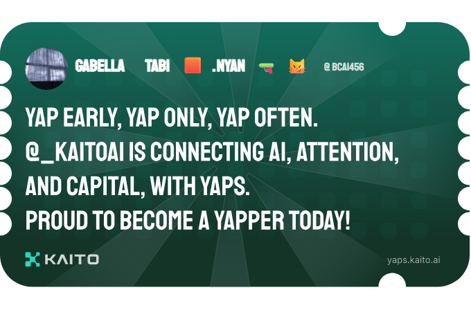 bca1456's tweet photo. Yap early, yap only, yap often.

@KaitoAI is connecting AI, attention and capital with Yaps.

Just claimed my social card and I'm accumulating Yap points in real-time.

Claim yours 👉 https://t.co/gTv71qET6a https://t.co/VZTxRPQvWw