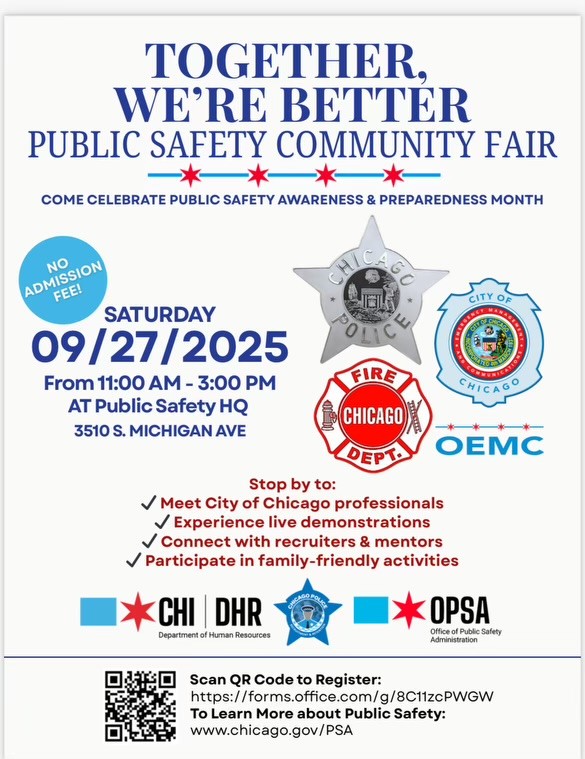 We're setting up for today's Public Safety Community Fair at 3510 S. Michigan. Live demonstrations, drone team, recruitment, smoke and CO detector giveaways. We will also have car seat inspections and giveaways for expired car seats. Come visit, its a beautiful day.
#CFDCPDOEMC