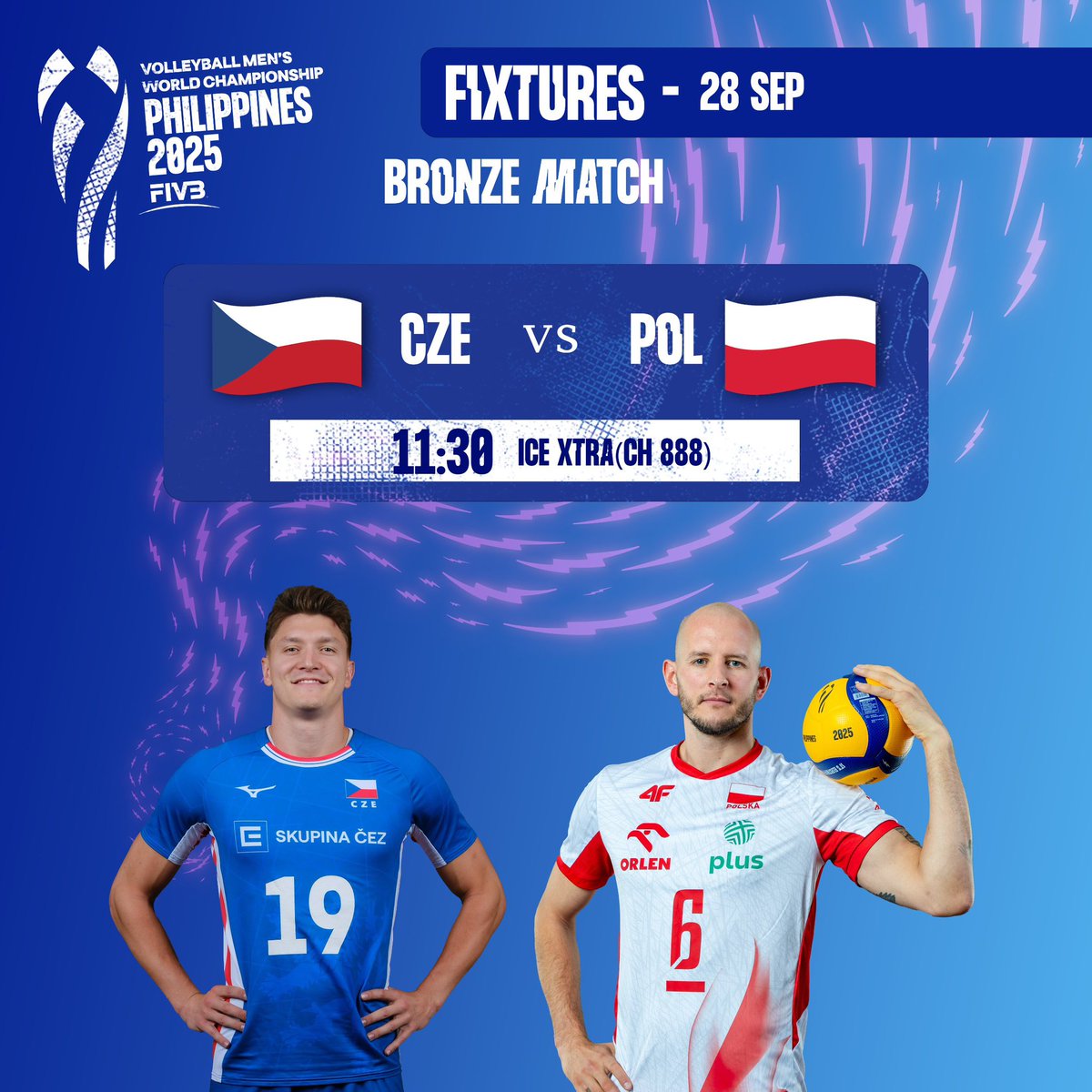 Czech Republic faces Poland in the bronze medal clash tomorrow! 🏐 Who will seize 3rd place at the FIVB Men’s Volleyball World Championship 2025? 

🕗 11:30 PM
 • CZE vs POL (ICE XTRA | CH888)

Don’t miss tomorrow’s action, live only on ICE Network! 📺