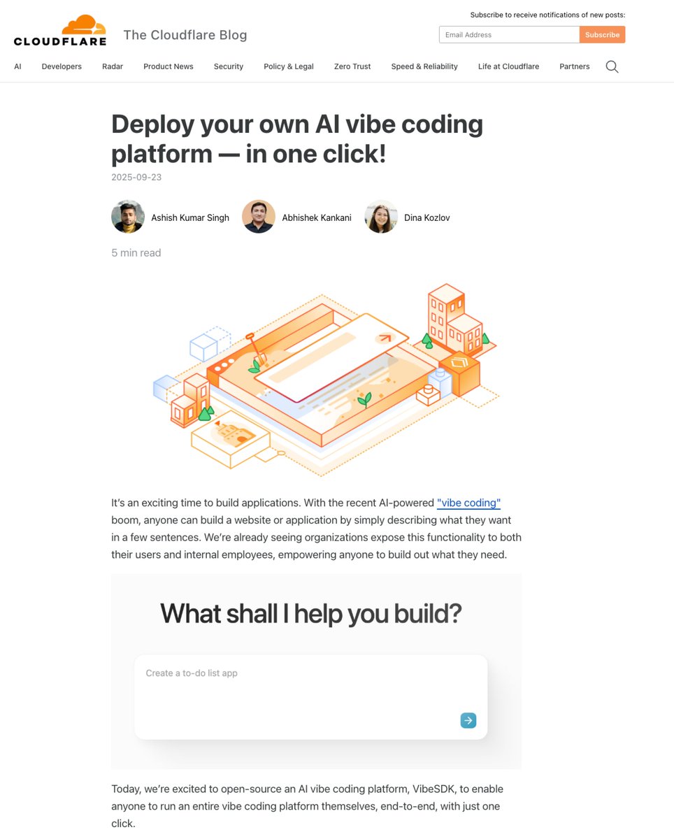 DataChaz's tweet image. Your own AI coding platform in one click! 🤯
Cloudflare’s VibeSDK gives you everything to run vibe coding at scale:
↳ LLM-powered code gen + fixes
↳ Safe execution in CF's Sandboxes
↳ Infinite scale via Workers for Platforms
↳ GitHub Export
and more!
demo + links in 🧵 ↓