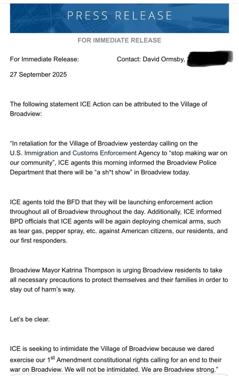 “THERE WILL BE A SH*T SHOW IN BROADVIEW TODAY.”

That’s what the Village of Broadview says they were told by <a href="/DHSgov/">Homeland Security</a> in a verbal comment. They sent out this press release this morning. We will be monitoring conditions throughout the day.