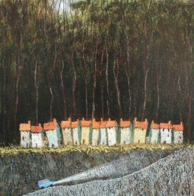 Bristol based painter Simon Garden 
Always a bit of a mystery I think 
Autumnal hues as the first one is actually titled ‘Autumn’,
Love the second but couldn’t live there.    Two foreboding and neighbours so close.  Love his palette here too