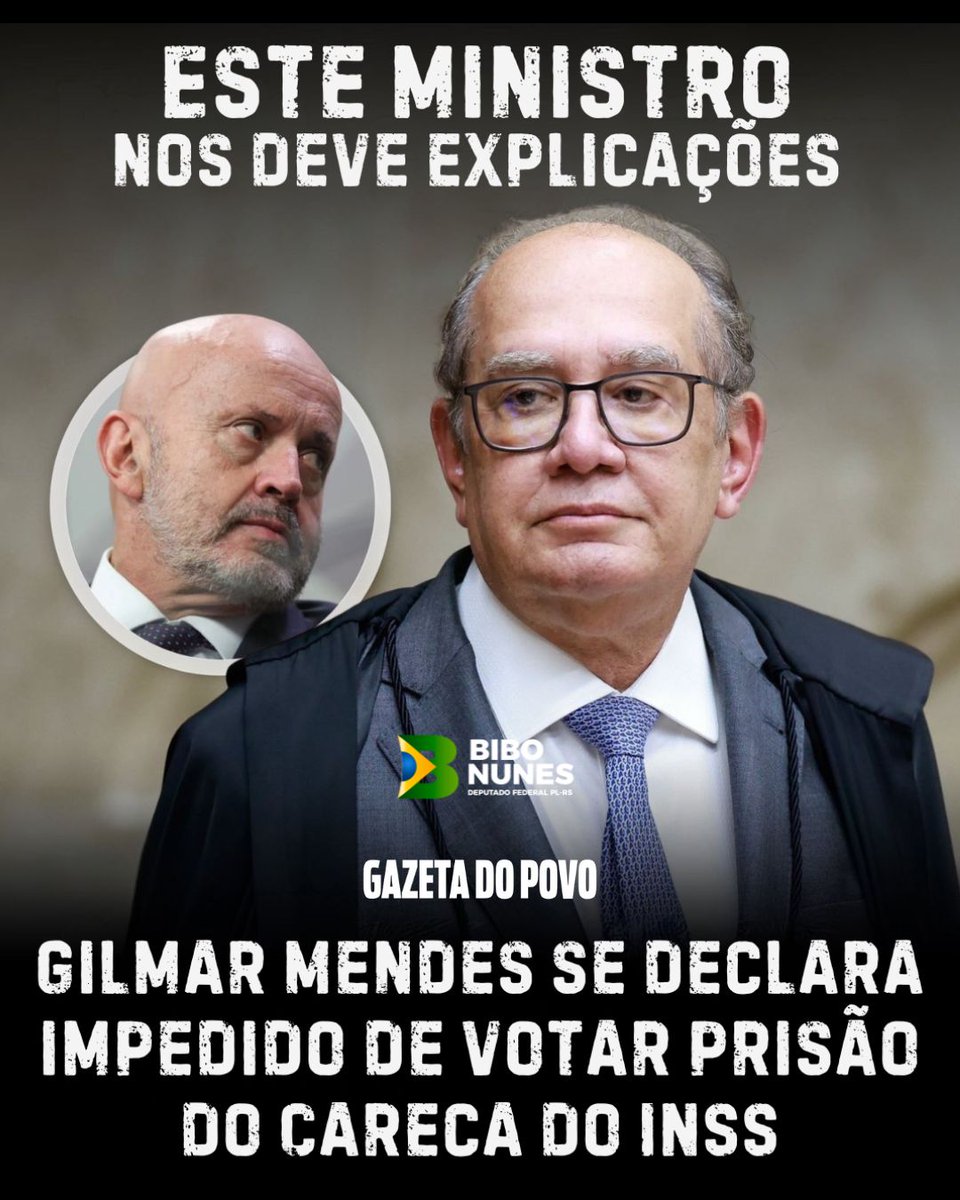 🚨 O ministro Gilmar Mendes se declarou impedido de votar na petição sobre a prisão preventiva do Careca do INSS e do empresário Maurício Camisotti.

❓A pergunta que não quer calar: qual é, e quão profunda é, a ligação do ministro com gente desse nível?

⚖️ O Brasil exige