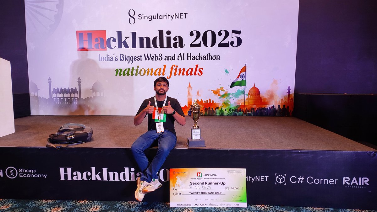 tushar1878926's tweet image. 🚀 5x Hackathon Wins in a Row!
Secured 2nd Runner-Up 🏆 at HackIndia 2025 with our project ShinoLearn — a Web3-powered language learning platform where users stay consistent by staking and earning while they learn
Huge thanks to the HackIndia organizers, mentors, and everyone🙌