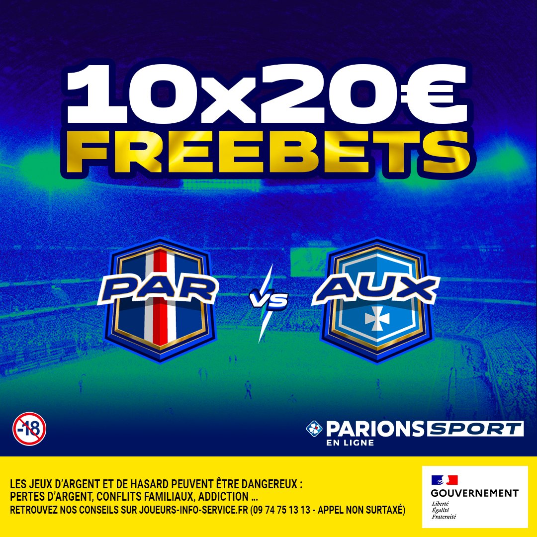 🔥 10x20€ de Freebets à gagner en répondant à cette question : Auxerre peut-il créer la surprise en faisant au moins nul au Parc contre Paris ?

Pour jouer :
1️⃣ RT + Follow
2️⃣ Commente "Oui" ou "Non" + #FreebetParionsSport

📆 TAS le 28/09
📃 Règlement : bit.ly/45Ljuky