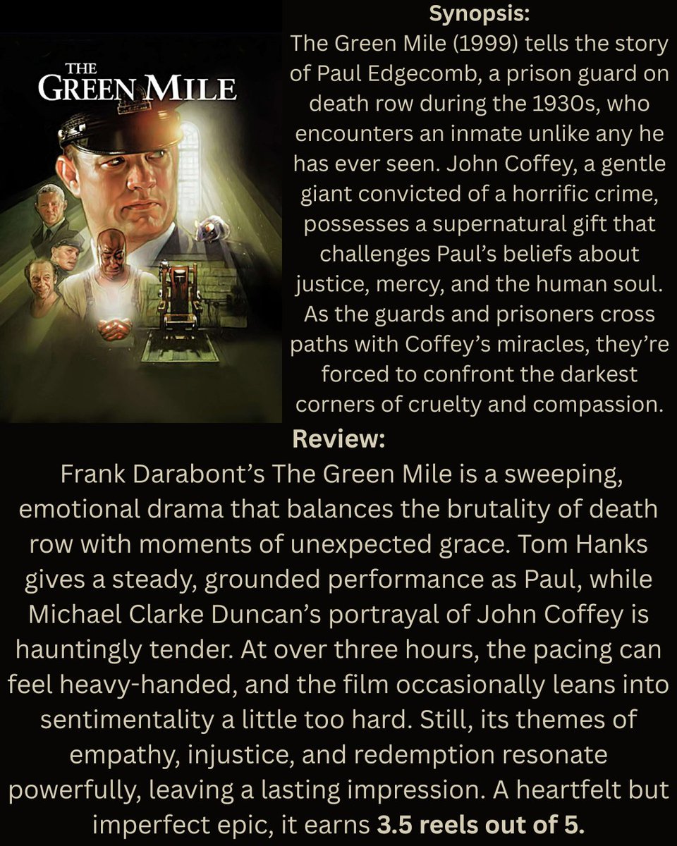 🎥 Serious Saturdays 🎥

This week’s feature: The Green Mile (1999) 

🍿⚡️ A death row guard, a mysterious prisoner, and a story that asks big questions about justice, faith, and humanity.

Check out our full review below ⬇️