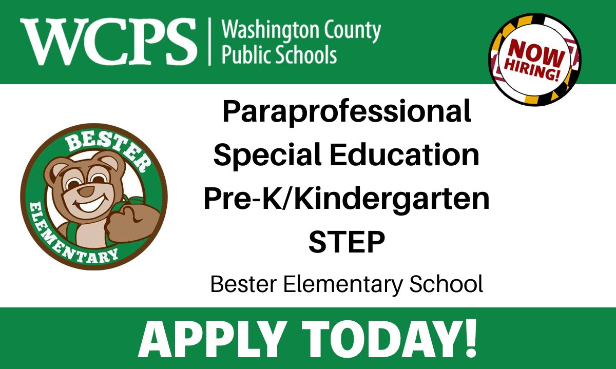 Bester Elementary School is accepting applications for Paraprofessional Special Education Pre-K/Kindergarten STEP. Apply today at wcpshr.com
Special Education Paraprofessionals receive 10% of the position grade in addition to their hourly rate.