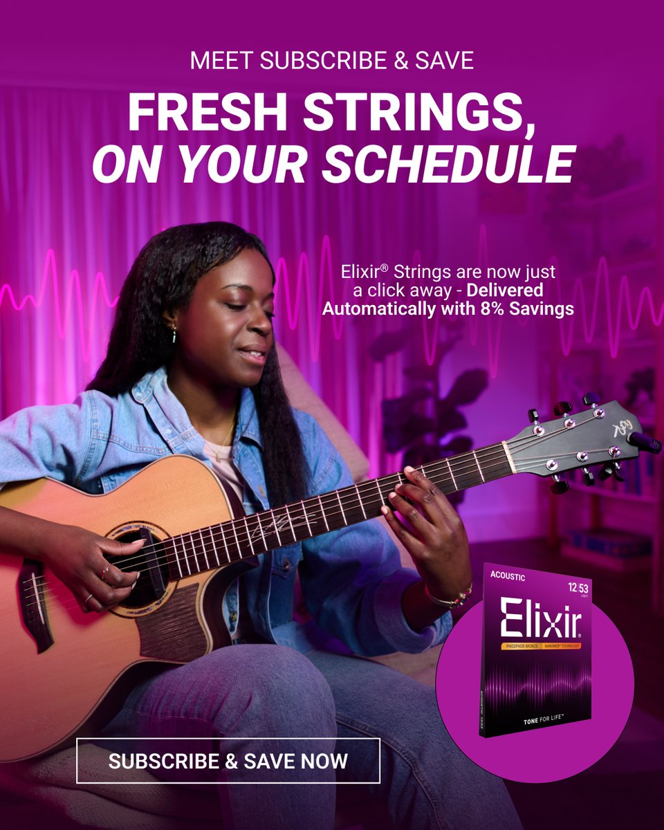 ElixirStrings's tweet image. Now, with our brand-new Subscribe & Save program, you’ll always be ready to play. Just set it once, enjoy automatic deliveries, and save 8% every time. Fresh tone, less fuss, more playing.
Visit elixirstrings.com for details. US Residents Only.