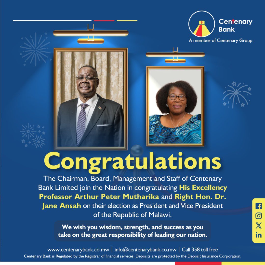 We join the nation in congratulating Professor Arthur Peter Mutharika and Dr. Jane Ansah on their election as President and Vice President of the Republic of Malawi.