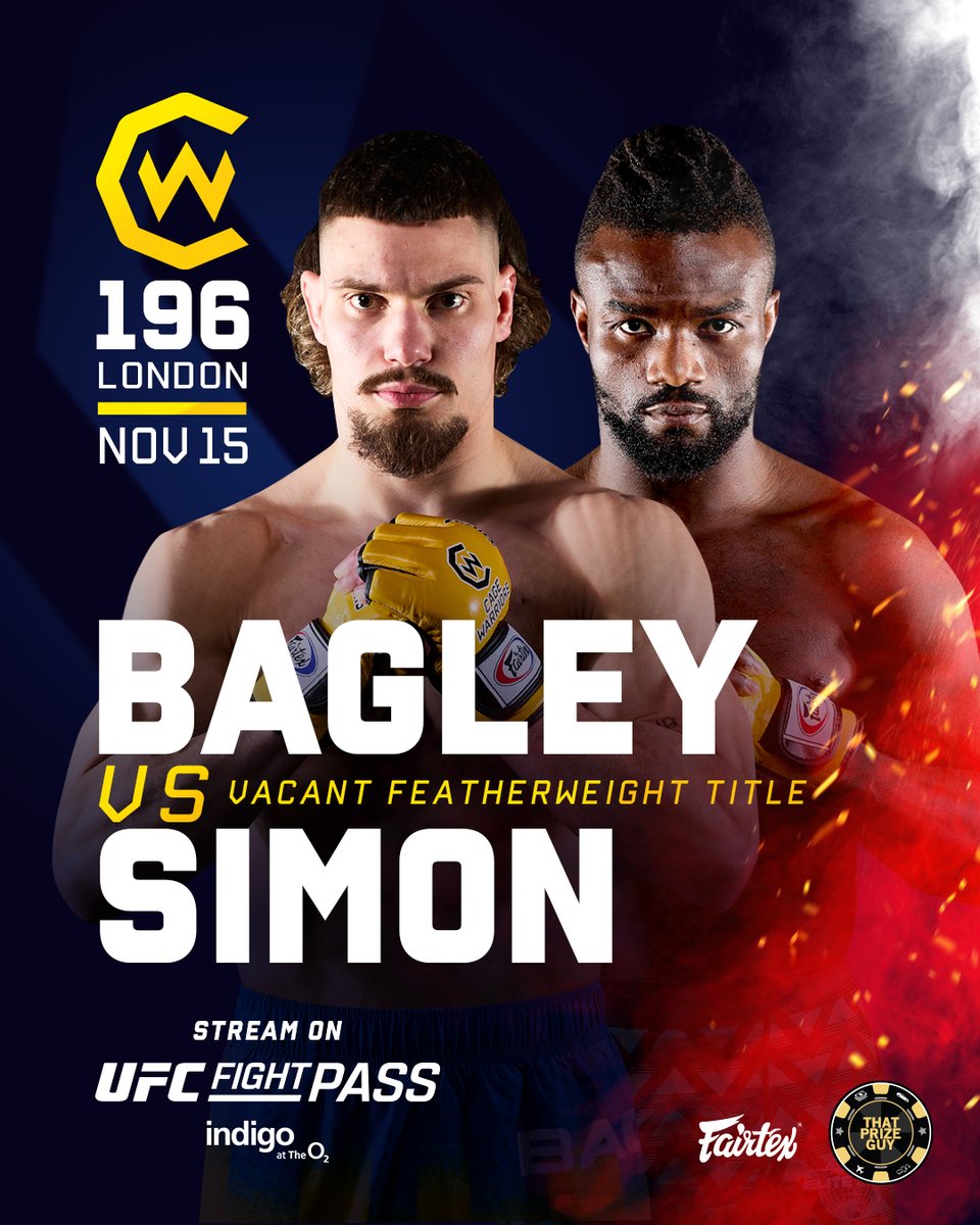 CageWarriors's tweet image. BREAKING‼️ World Title Fight at #CW196 London 🏆

A new featherweight champion will be crowned when Nik Bagley meets Solomon Simon on November 15th!

🎟️ Tickets on sale now!