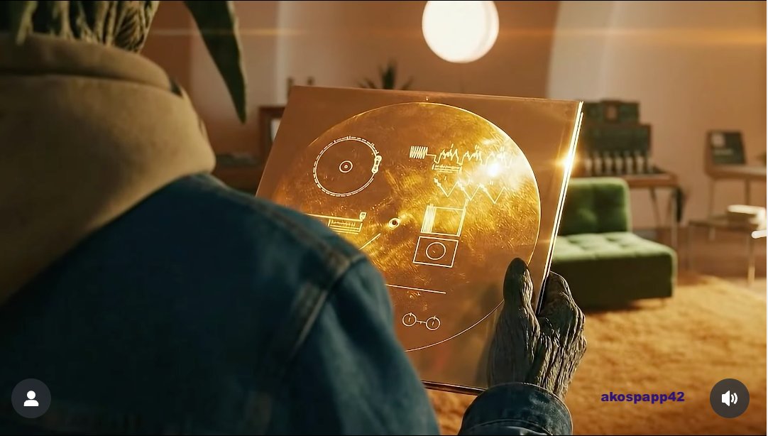 astrobiology's tweet photo. [L] A video by akospapp42 asks "What if someone out there found the Voyager Golden Record?" https://t.co/cjspyJTd6R [R] My wife and I found it at @AirAndSpace last week  and we're reflected in it. Thanks #VGER @NASAJPL #astrobiology #SETI https://t.co/Bx1aIqBuqh