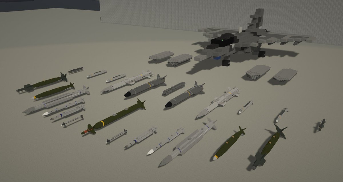 rhino_mcmbt317's tweet image. 大きい戦闘機つくったことに合わせてミサイル・航空爆弾などを一気につくりました

大量の装備をつくったからにはこれをやるしかない…

［ウェポンロードディスプレイ］