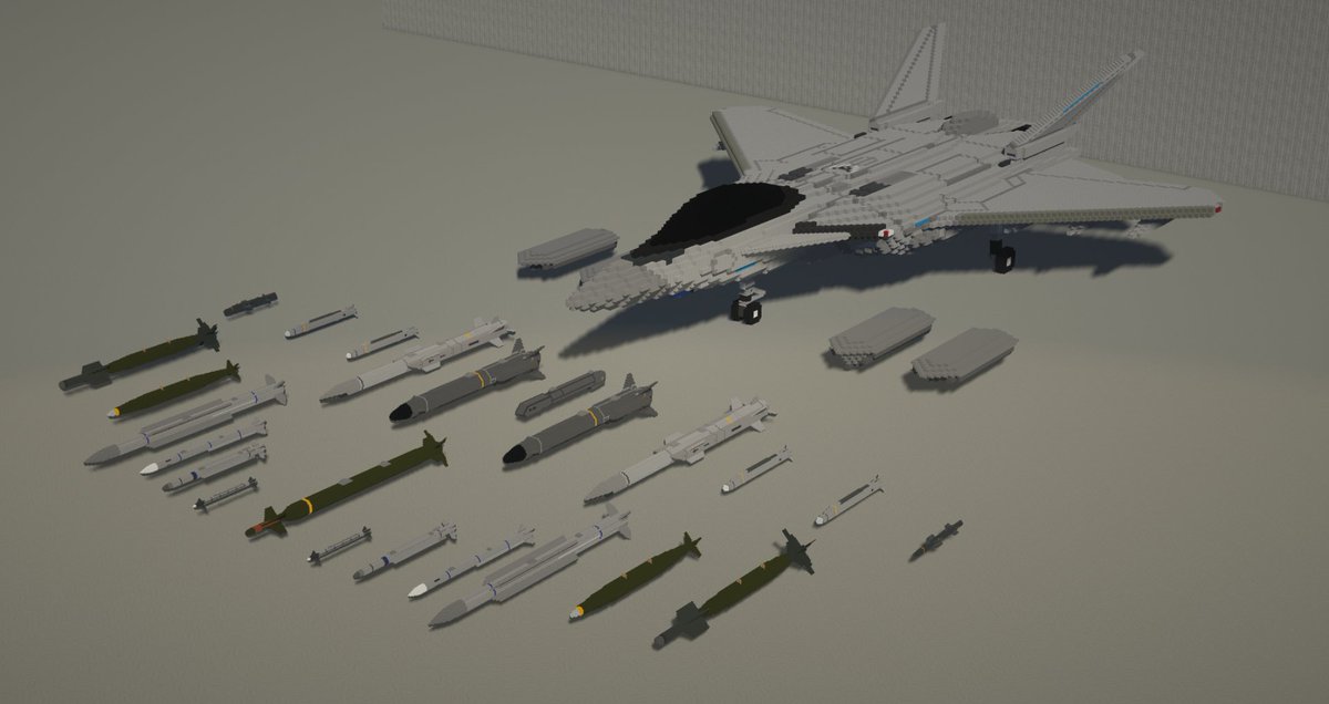 rhino_mcmbt317's tweet image. 大きい戦闘機つくったことに合わせてミサイル・航空爆弾などを一気につくりました

大量の装備をつくったからにはこれをやるしかない…

［ウェポンロードディスプレイ］