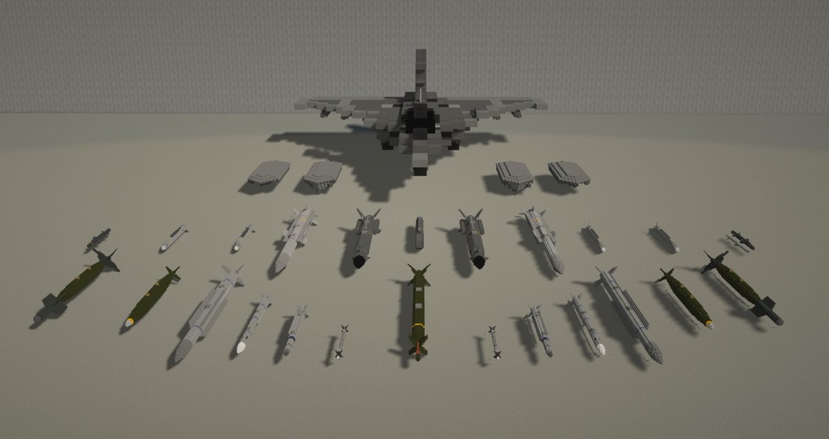 rhino_mcmbt317's tweet image. 大きい戦闘機つくったことに合わせてミサイル・航空爆弾などを一気につくりました

大量の装備をつくったからにはこれをやるしかない…

［ウェポンロードディスプレイ］