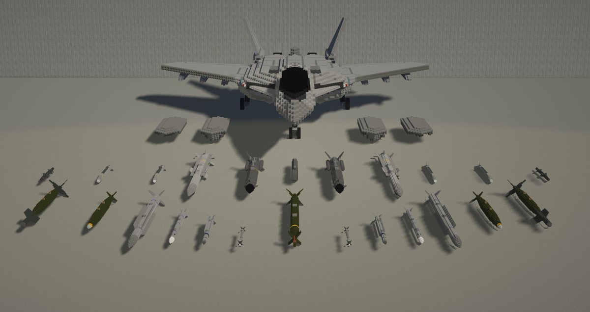 rhino_mcmbt317's tweet image. 大きい戦闘機つくったことに合わせてミサイル・航空爆弾などを一気につくりました

大量の装備をつくったからにはこれをやるしかない…

［ウェポンロードディスプレイ］