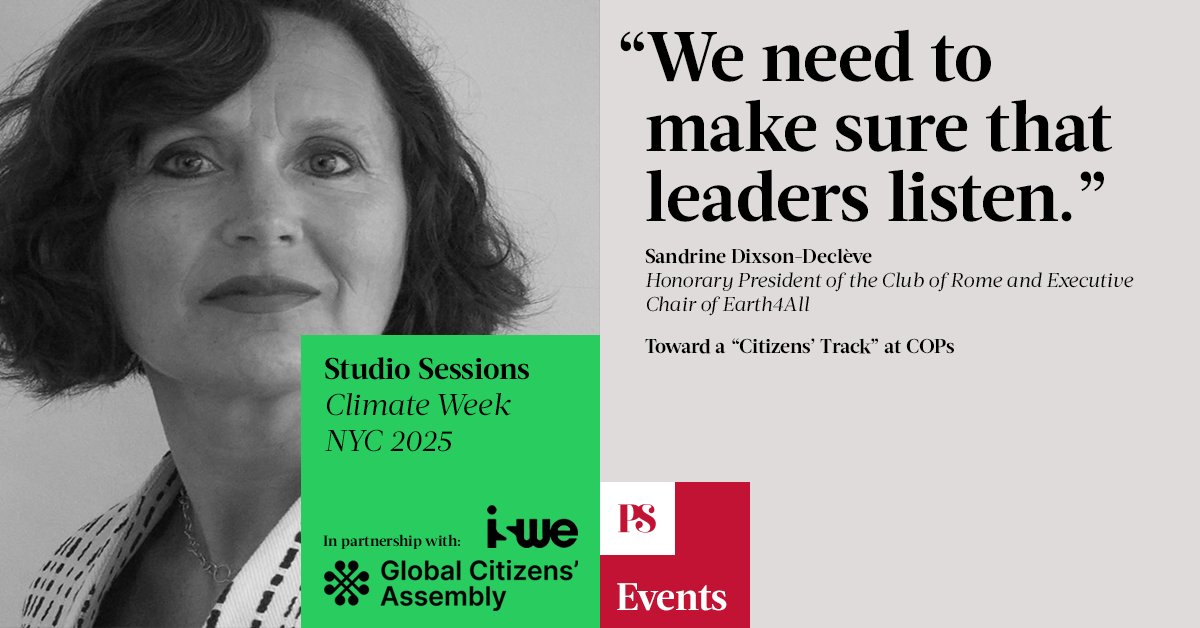ProSyn's tweet image. A COP Citizens’ Assembly will mean little if it does not influence decision-making at the highest levels, warns @ClubOfRome&apos;s @SDDecleve in our just-published Studio Session, filmed at #ClimateWeekNYC. Watch her comments at the link. bit.ly/4nO4U1g @iswe_org…